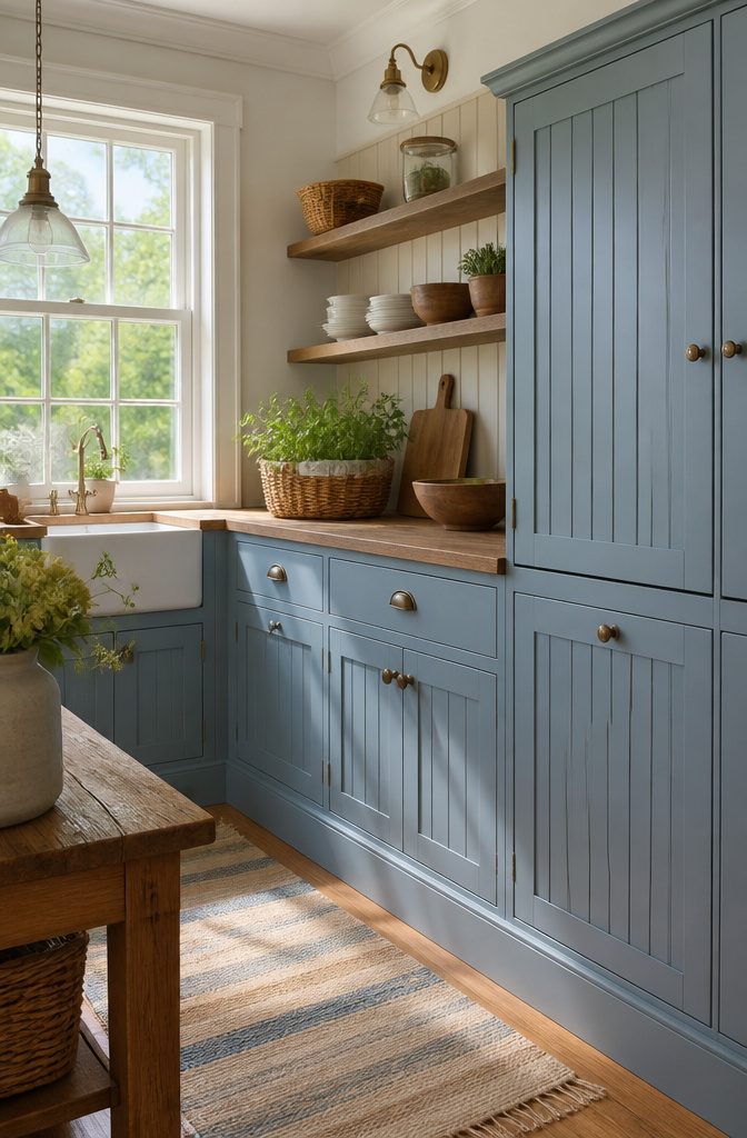 A kitchen with beadboard cabinet doors and a rustic countertop.