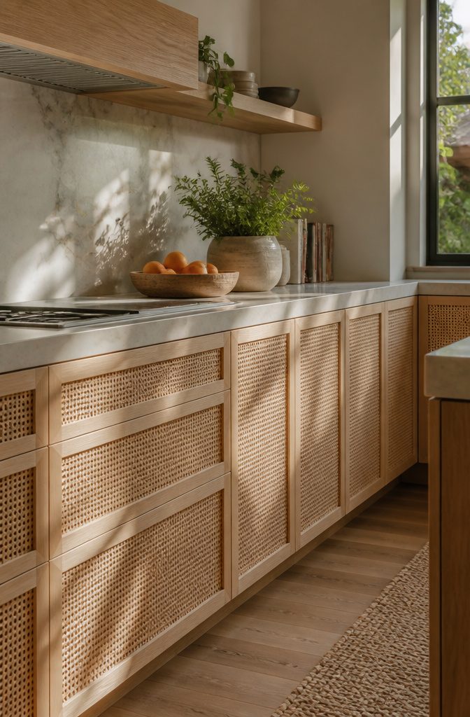 A kitchen with cane cabinet doors and a decorative plant.