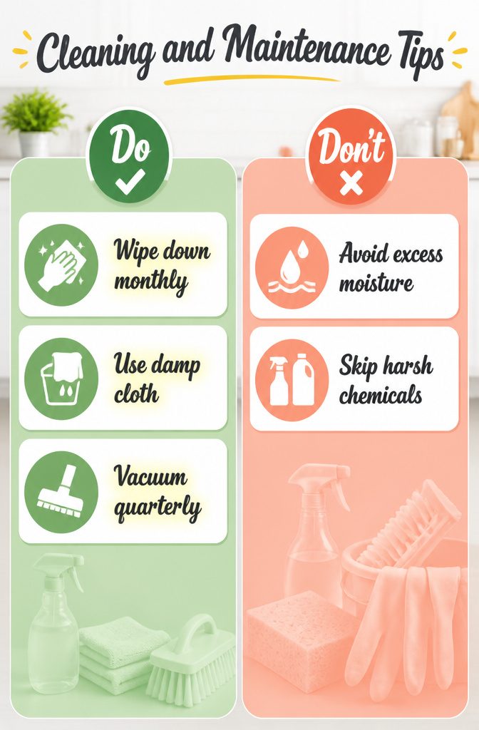 A graphic displaying cleaning and maintenance tips for cabinet doors.