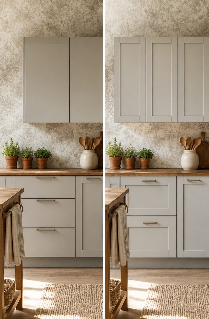 A close-up of faux Shaker cabinet doors with lattice trim.