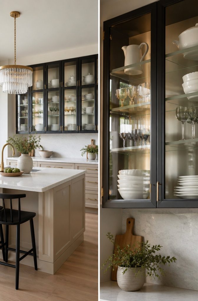 A kitchen with glass-front cabinet doors showcasing ceramic dishes.
