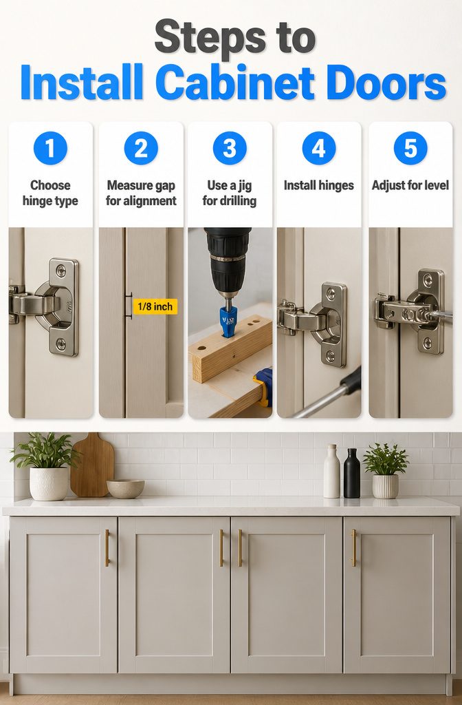An instructional image showing steps to install cabinet doors.
