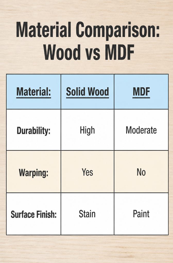 A comparison image of wood and MDF cabinet door materials.