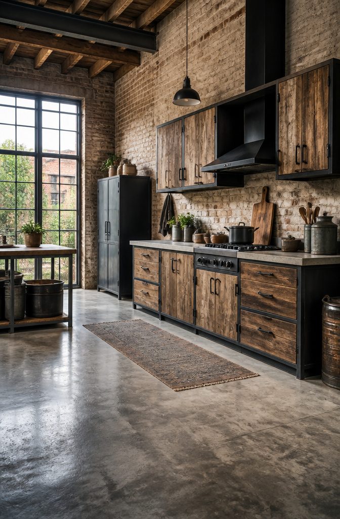 Cabinet doors made of reclaimed wood and metal in a kitchen.