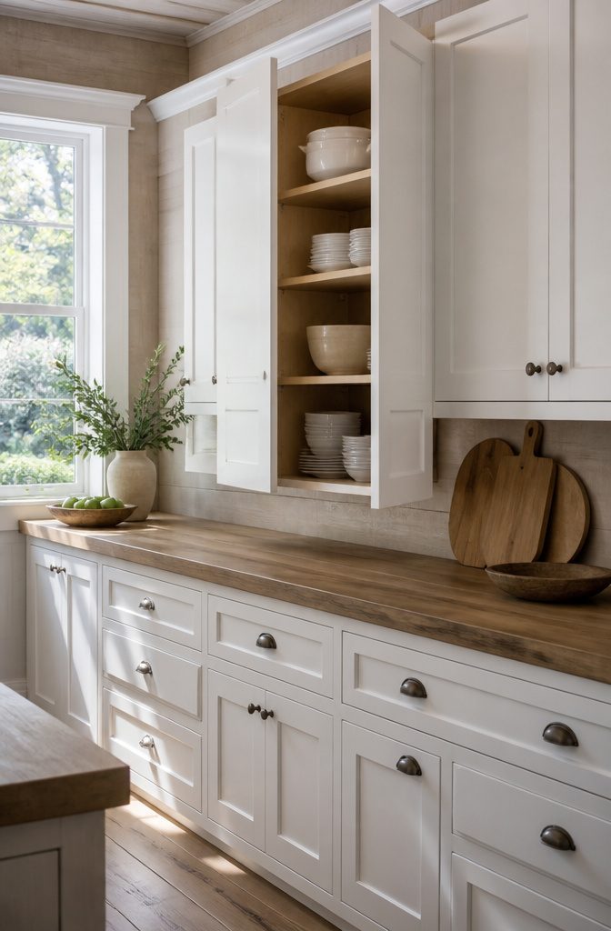 A kitchen with Shaker cabinet doors and a pale wooden backdrop.