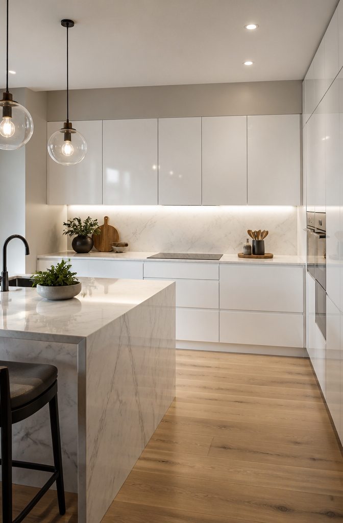 A minimalist kitchen featuring smooth slab cabinet doors and marble countertops.