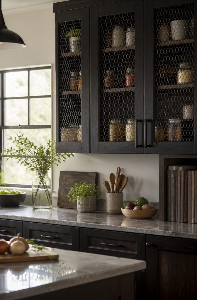 A kitchen with wire mesh insert doors and displayed spices.