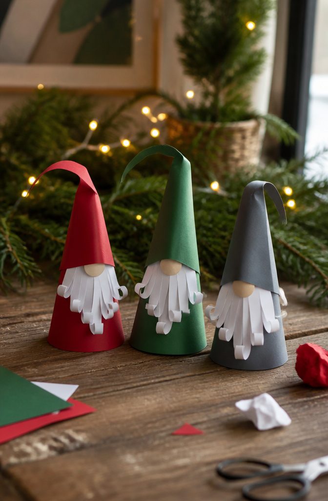 A trio of vibrant paper gnomes standing on a wood surface.