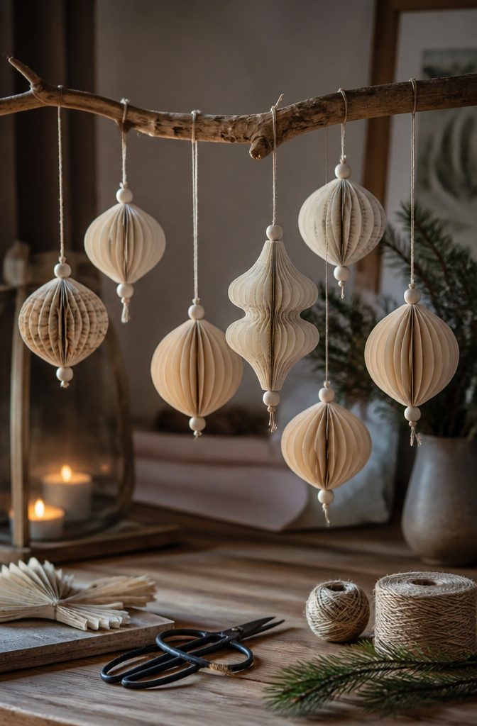 Ornaments made from book pages suspended from a wooden branch.