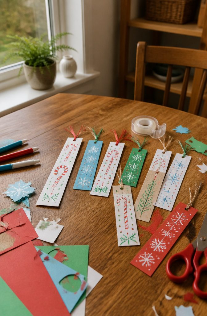 A selection of colorful Christmas bookmarks on a table.