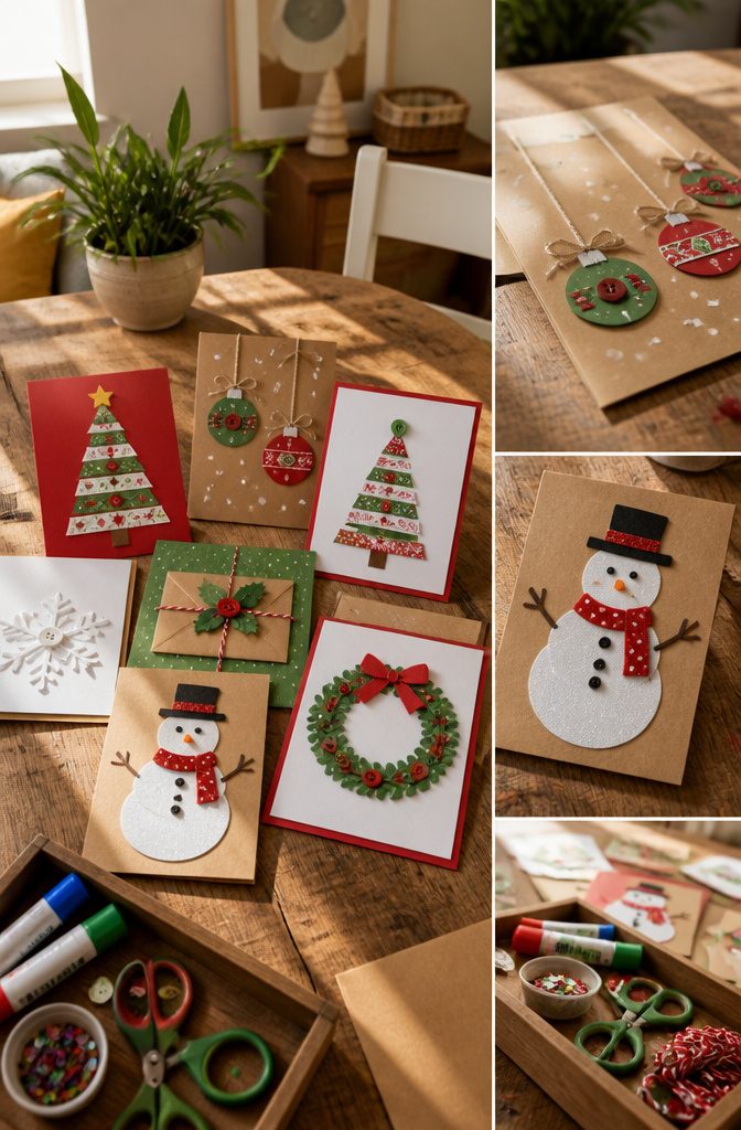 Assorted handmade Christmas cards on a crafting table.