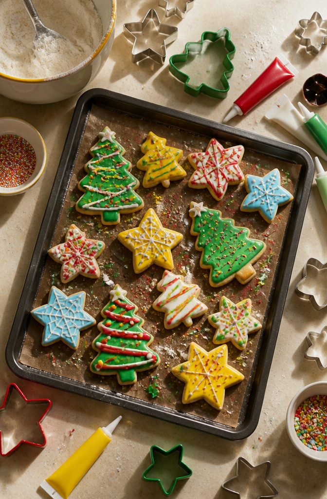 A variety of decorated Christmas cookies on a platter.
