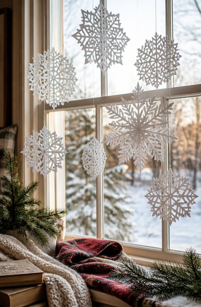 An array of classic paper snowflakes suspended from a window.