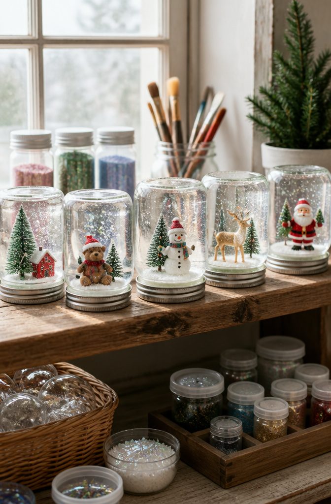 A collection of homemade snowglobes on a shelf.