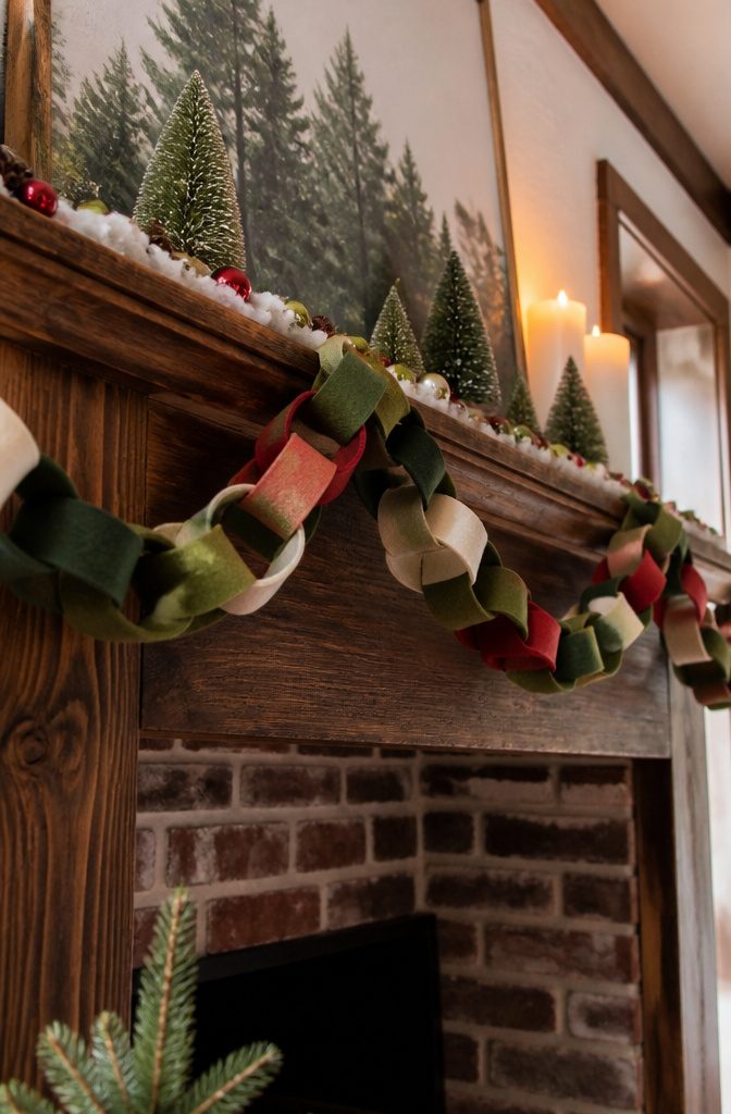 A colorful felt chain garland hanging decoratively.