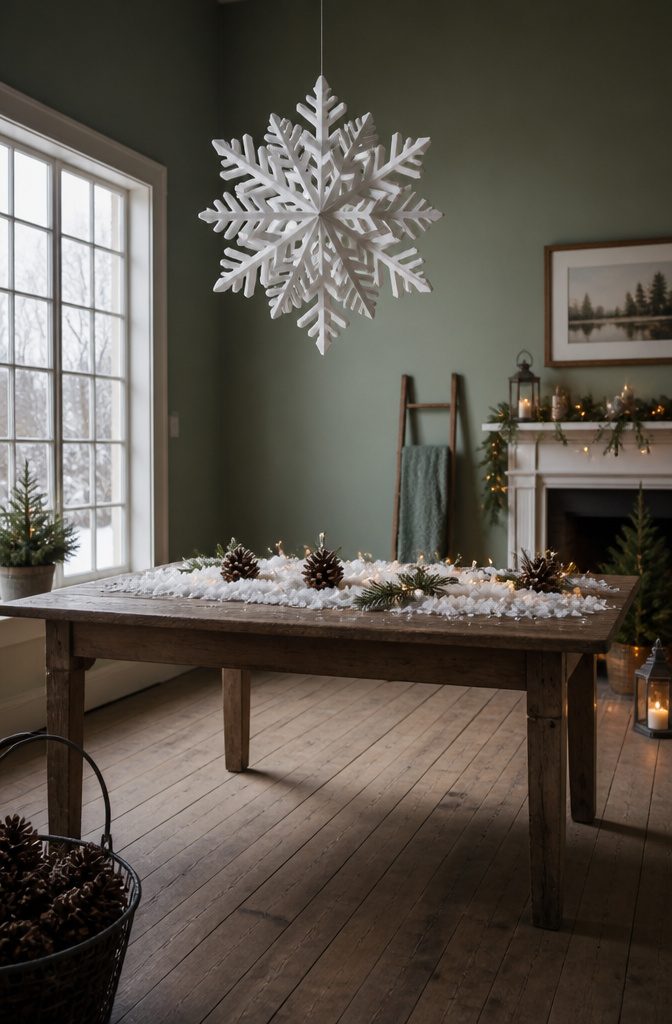 A large six-pointed paper snowflake hanging in a doorway.