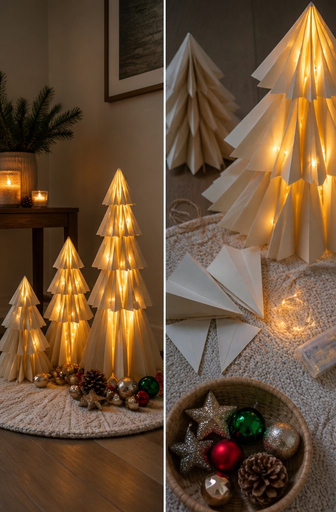 A folded paper tree with fairy lights inside.