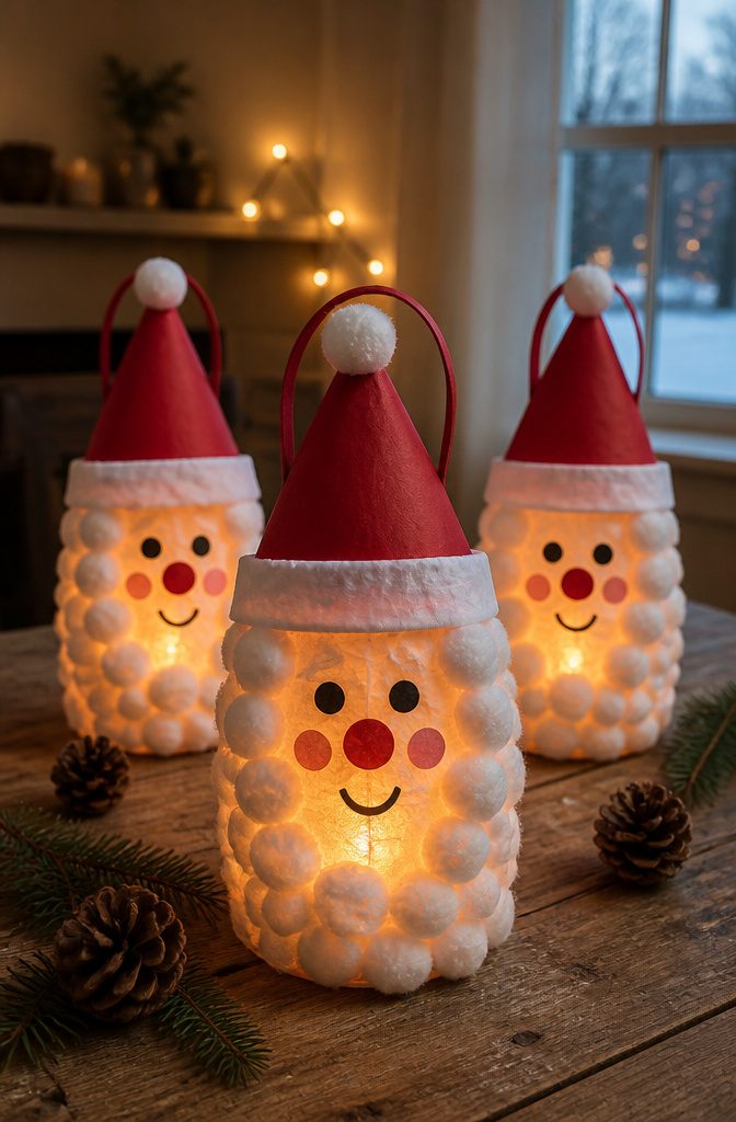 Decorative paper lanterns featuring Santa's face.