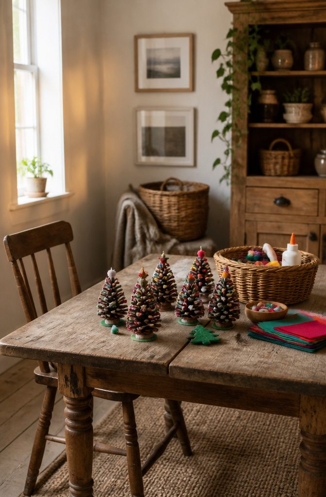 Pinecone trees adorned with sequins and felt.