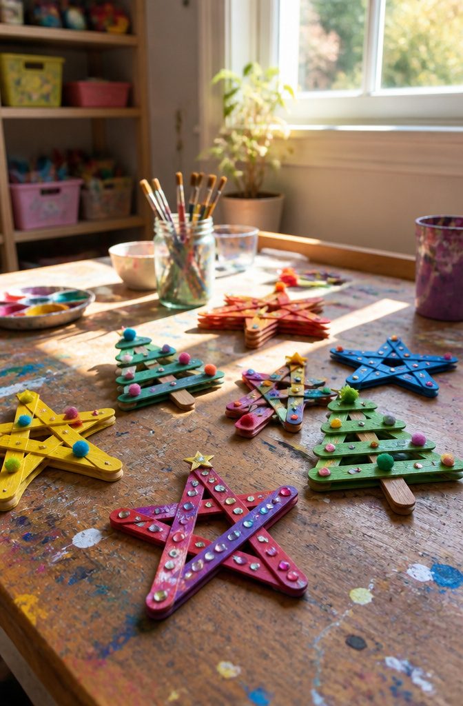 Various crafts made from popsicle sticks, including stars and trees.