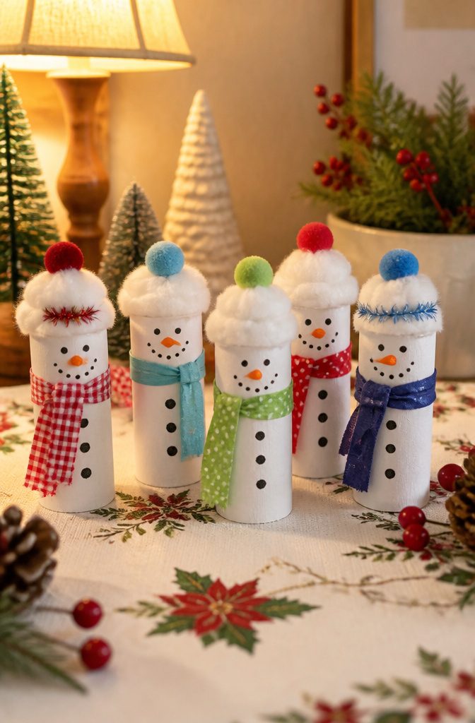 Snowmen made from cardboard tubes, decorated with accessories.