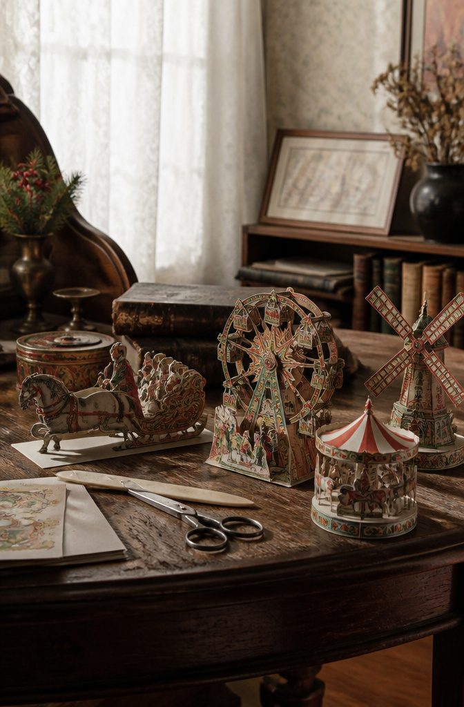 A collection of Victorian paper toys on a vintage table.