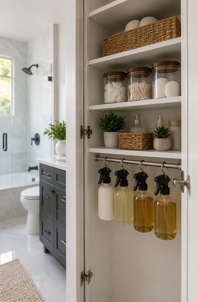 10 Easy Home Organization Ideas for Every Room in 2026 13 Shampoo bottles hanging by their triggers on a tension rod inside a cabinet.