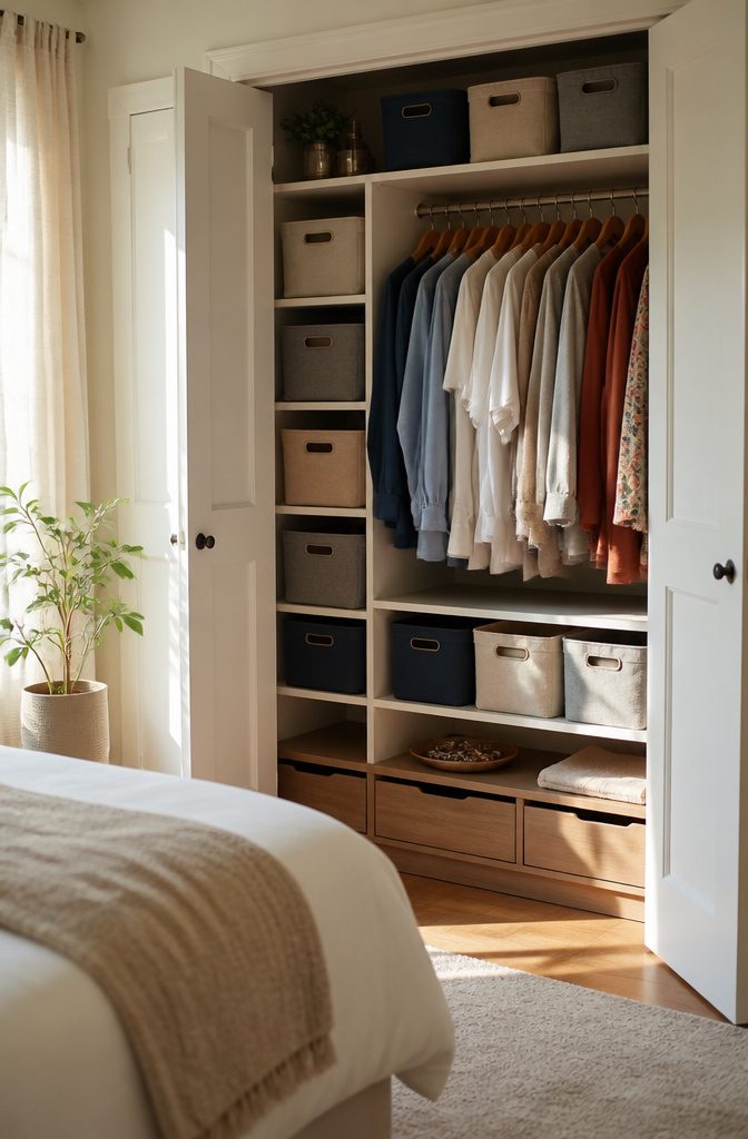 10 Easy Home Organization Ideas for Every Room in 2026 14 A closet with color-coordinated fabric storage bins and a jewelry holder.