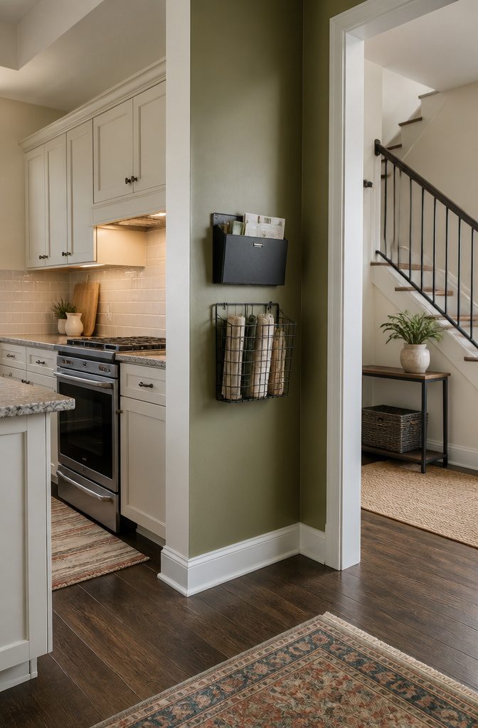 10 Easy Home Organization Ideas for Every Room in 2026 4 A kitchen counter with a wire basket and wall-mounted file holder.