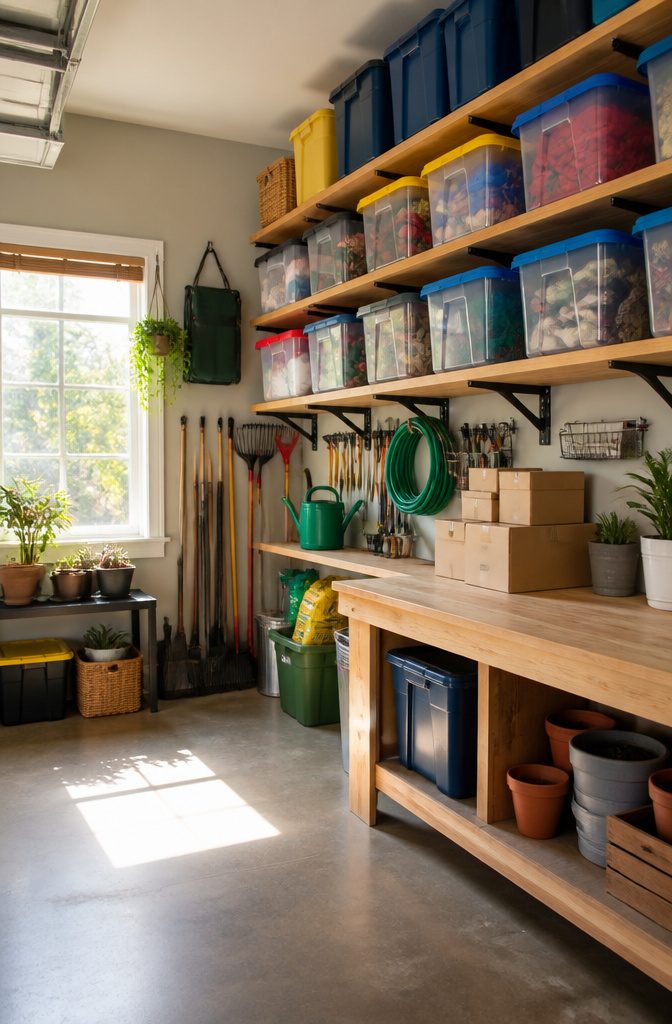 10 Easy Home Organization Ideas for Every Room in 2026 3 A garage with organized shelves filled with labeled storage bins.