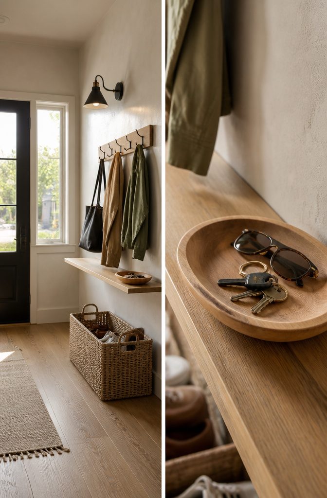 10 Easy Home Organization Ideas for Every Room in 2026 16 A basket and hooks in an entryway for shoes and bags.
