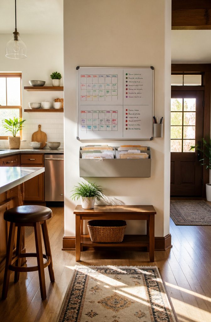10 Easy Home Organization Ideas for Every Room in 2026 11 A magnetic whiteboard mounted beside a refrigerator with a grocery list.