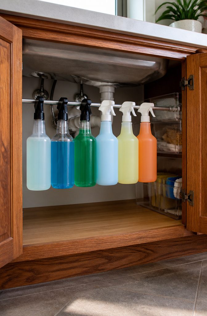 10 Easy Home Organization Ideas for Every Room in 2026 7 Spray bottles hanging on a tension rod inside a cabinet.