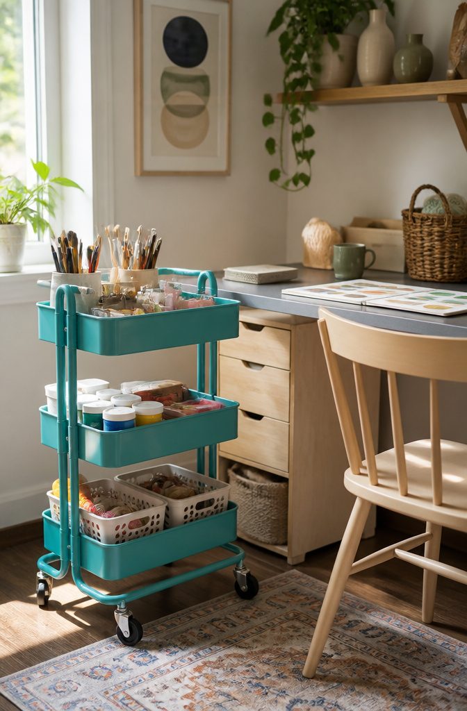10 Easy Home Organization Ideas for Every Room in 2026 10 A colorful rolling cart filled with craft supplies beside a desk.