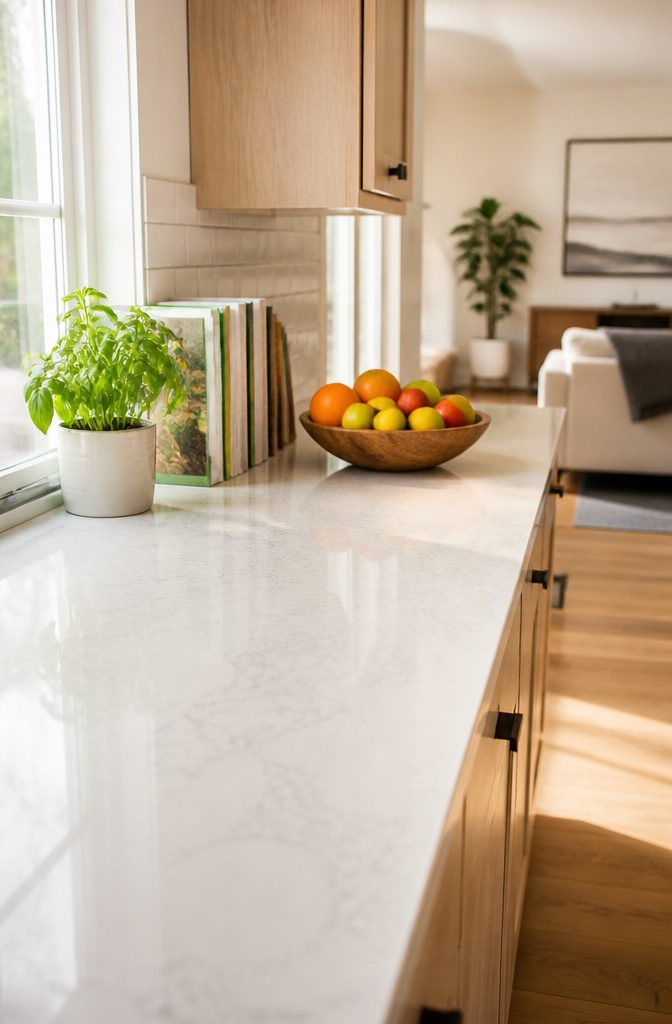 10 Easy Home Organization Ideas for Every Room in 2026 2 A bright kitchen counter with a fruit bowl and organized cookbooks.