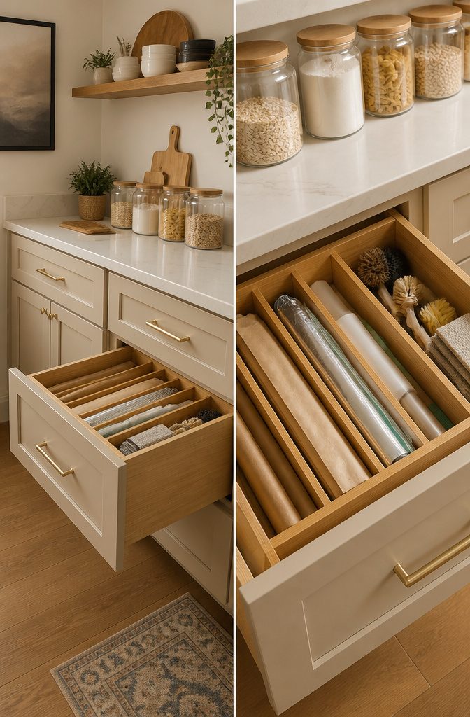 10 Easy Home Organization Ideas for Every Room in 2026 12 A kitchen drawer with a tiered organizer for wraps and cleaning supplies.