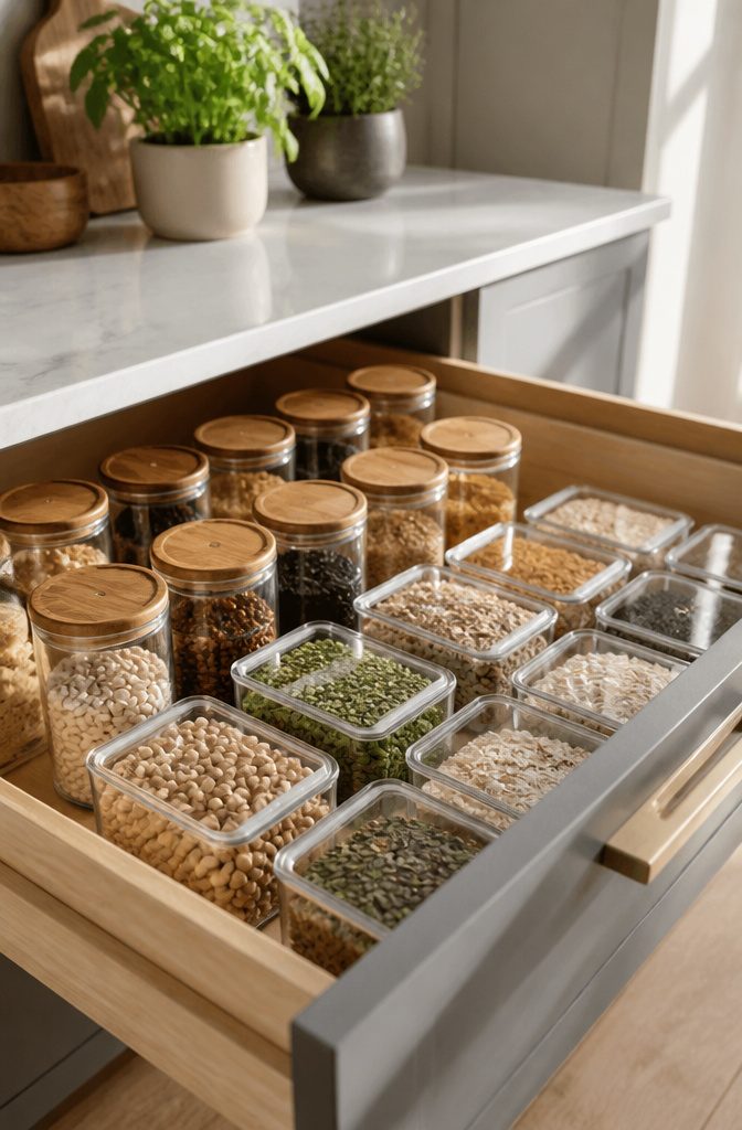 10 Easy Home Organization Ideas for Every Room in 2026 6 A pantry drawer filled with labeled clear food containers.
