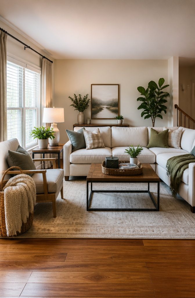 10 Easy Home Organization Ideas for Every Room in 2026 15 A living room with a coffee table organized with a tray and small box.