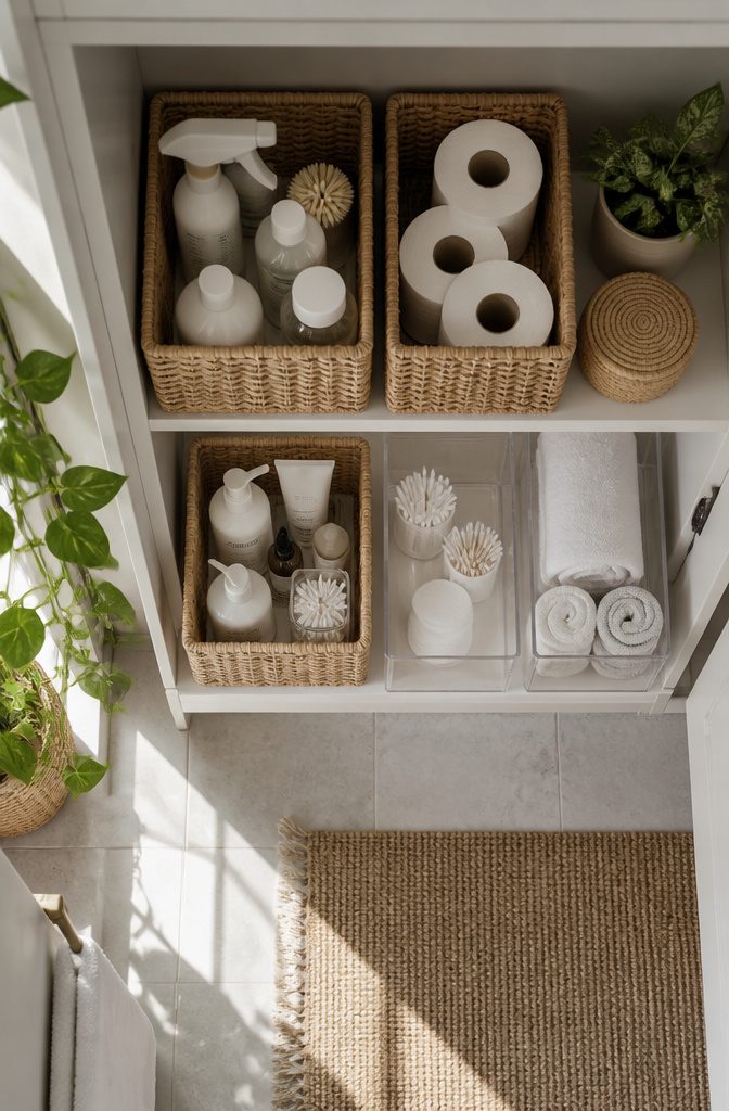 10 Easy Home Organization Ideas for Every Room in 2026 5 Storage bins of various sizes neatly arranged on a shelf.