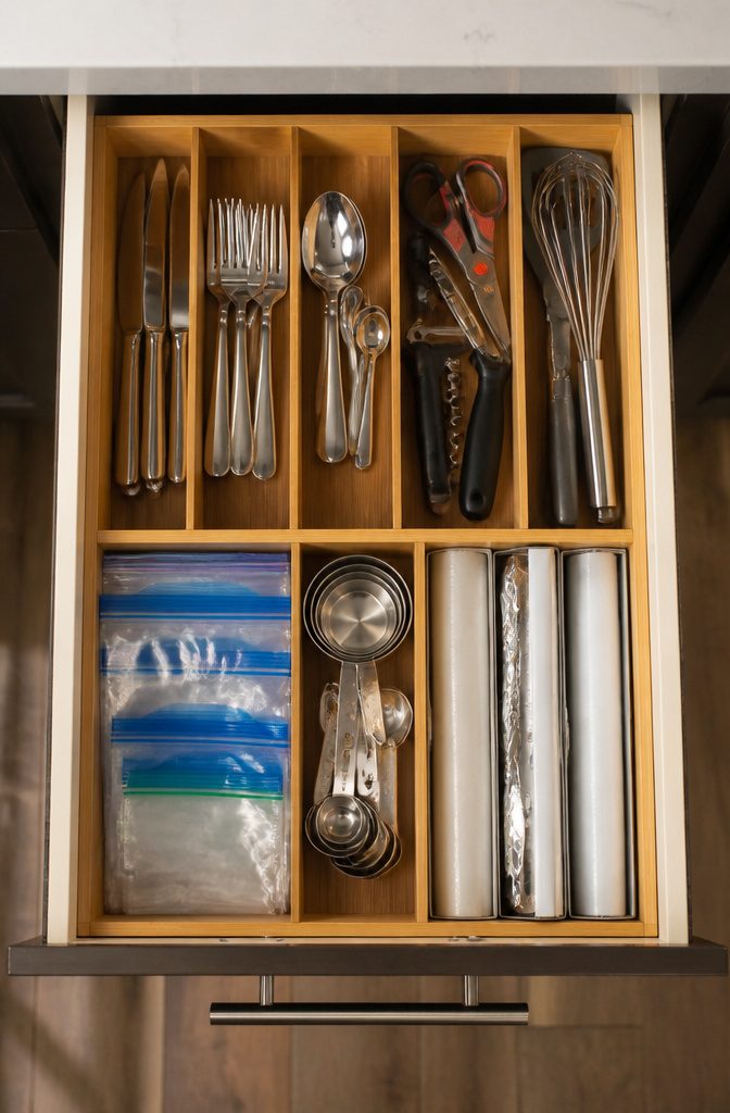 10 Easy Home Organization Ideas for Every Room in 2026 9 A kitchen drawer with bamboo dividers organizing utensils.