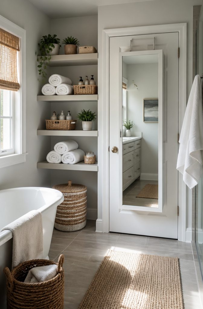 10 Easy Home Organization Ideas for Every Room in 2026 8 Wall-mounted shelves displaying towels and storage bins in a bathroom.