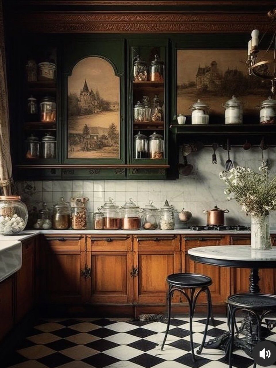 Black and white checkerboard tile floor in a rustic European style kitchen.