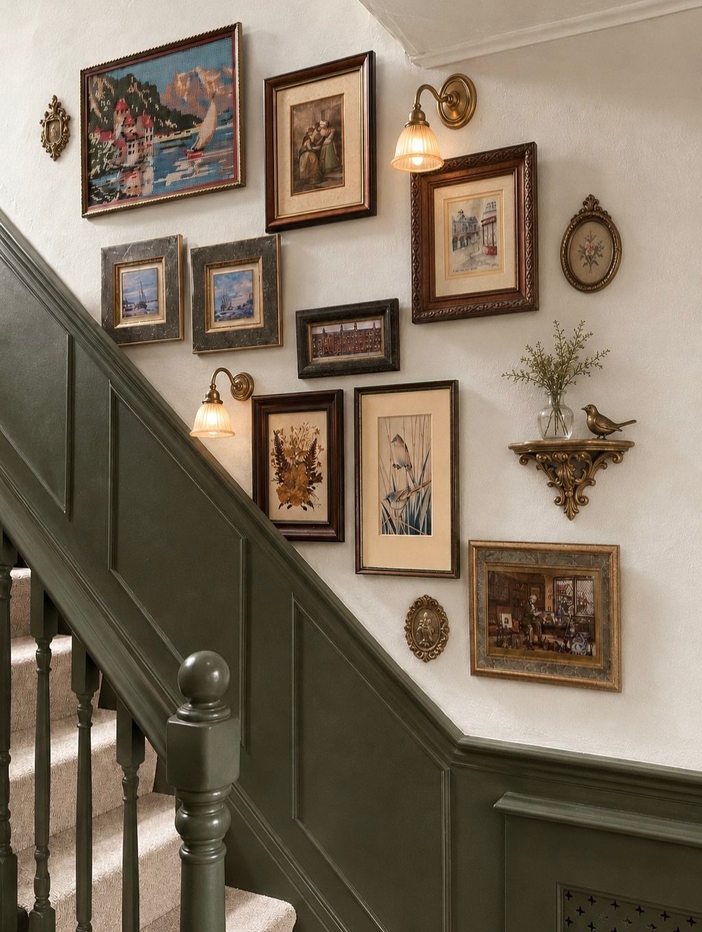 Gallery wall of framed art and sketches above a dark green wainscoted staircase.