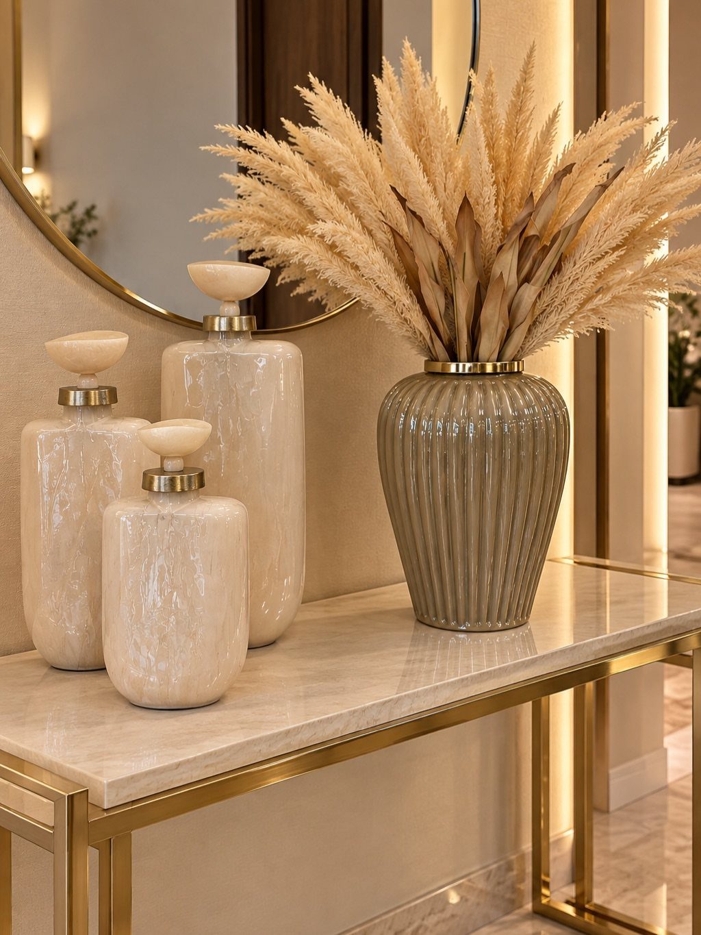 Gold-framed marble console table with decorative vases and pampas grass in a neutral room.