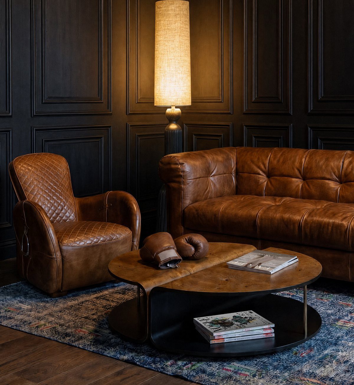 Brown leather tufted sofa and armchair in a dark paneled room with wooden table.