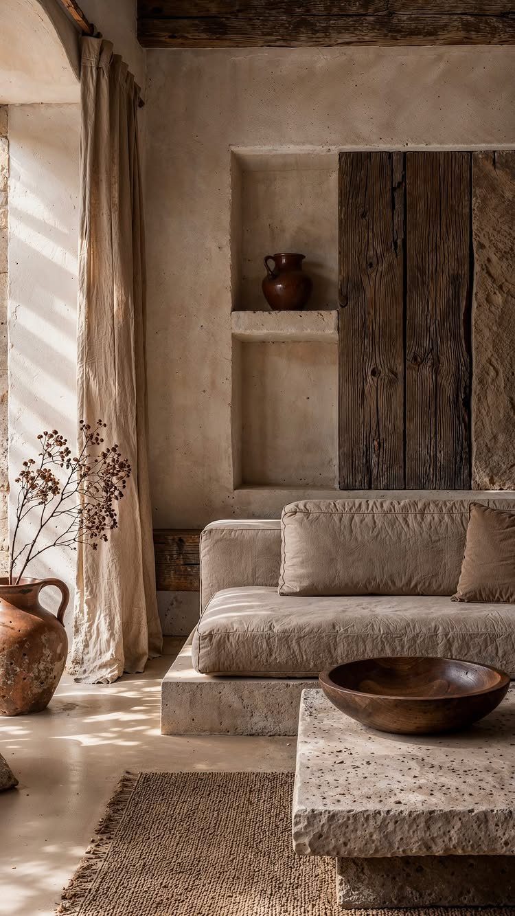 Rustic living room with linen sofa, stone table, jute rug, and wooden beams.