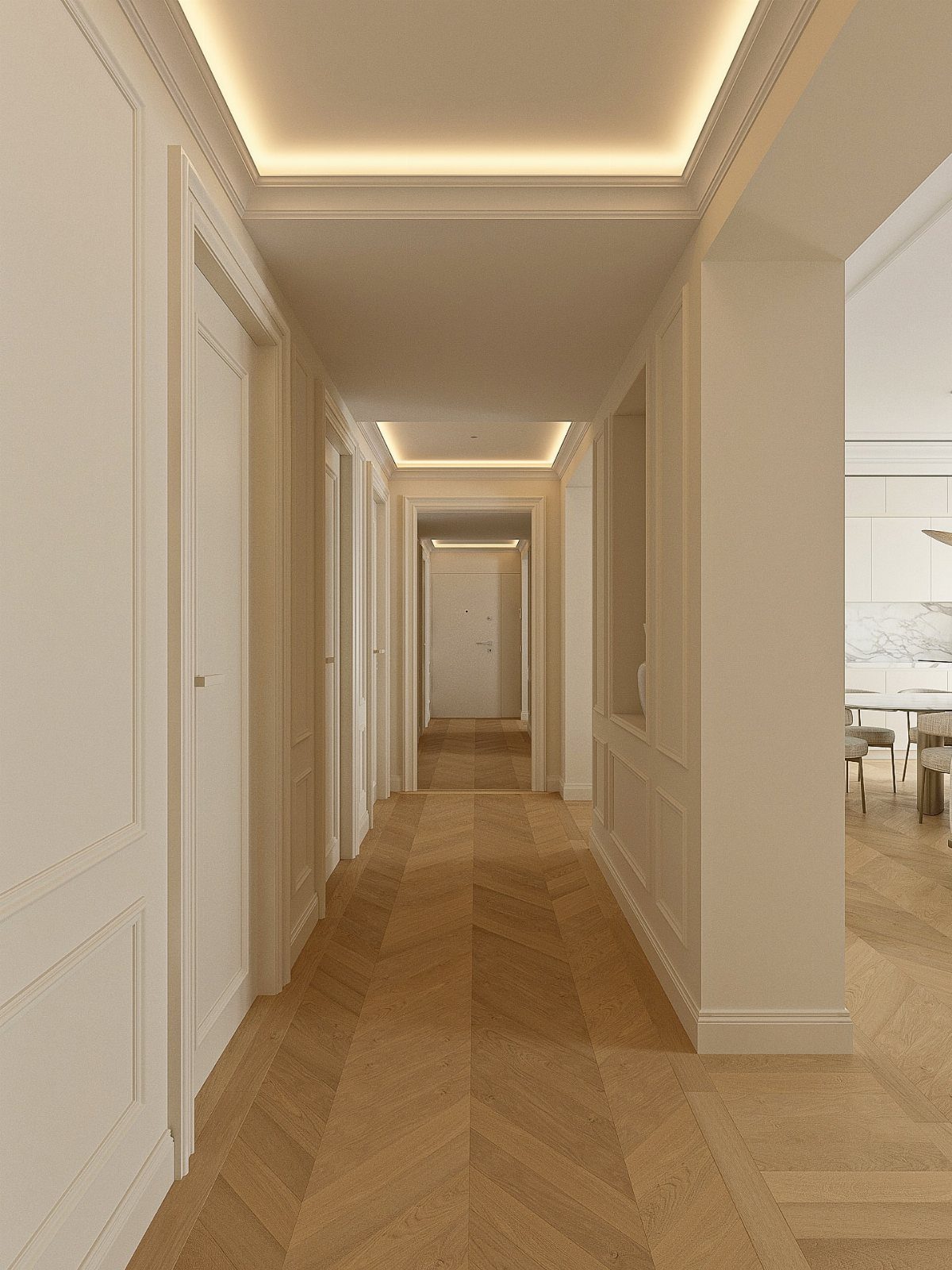 Herringbone parquet wood flooring in a bright hallway with white paneled walls.