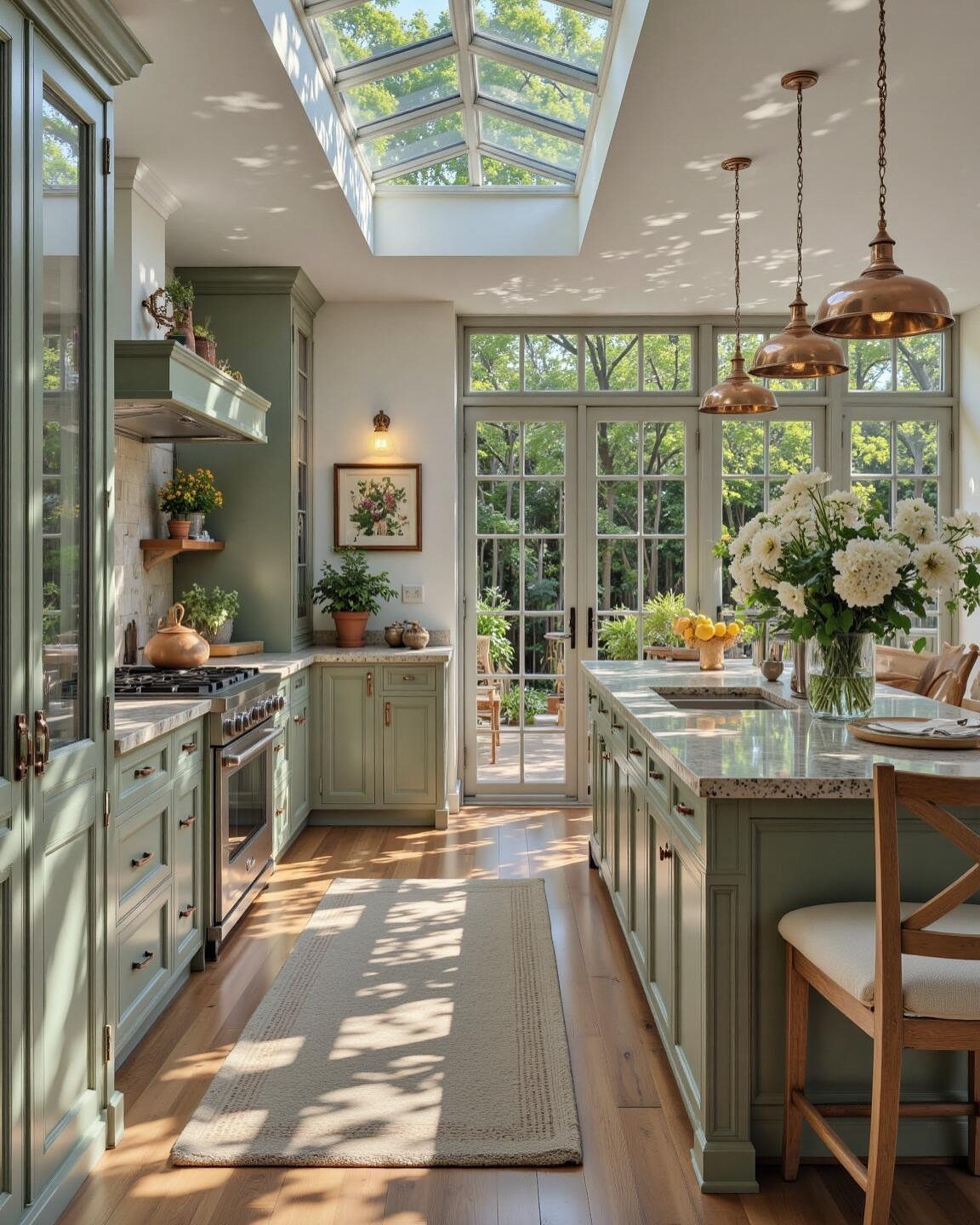 Sage green kitchen with a large skylight, copper pendants, and light wood flooring.