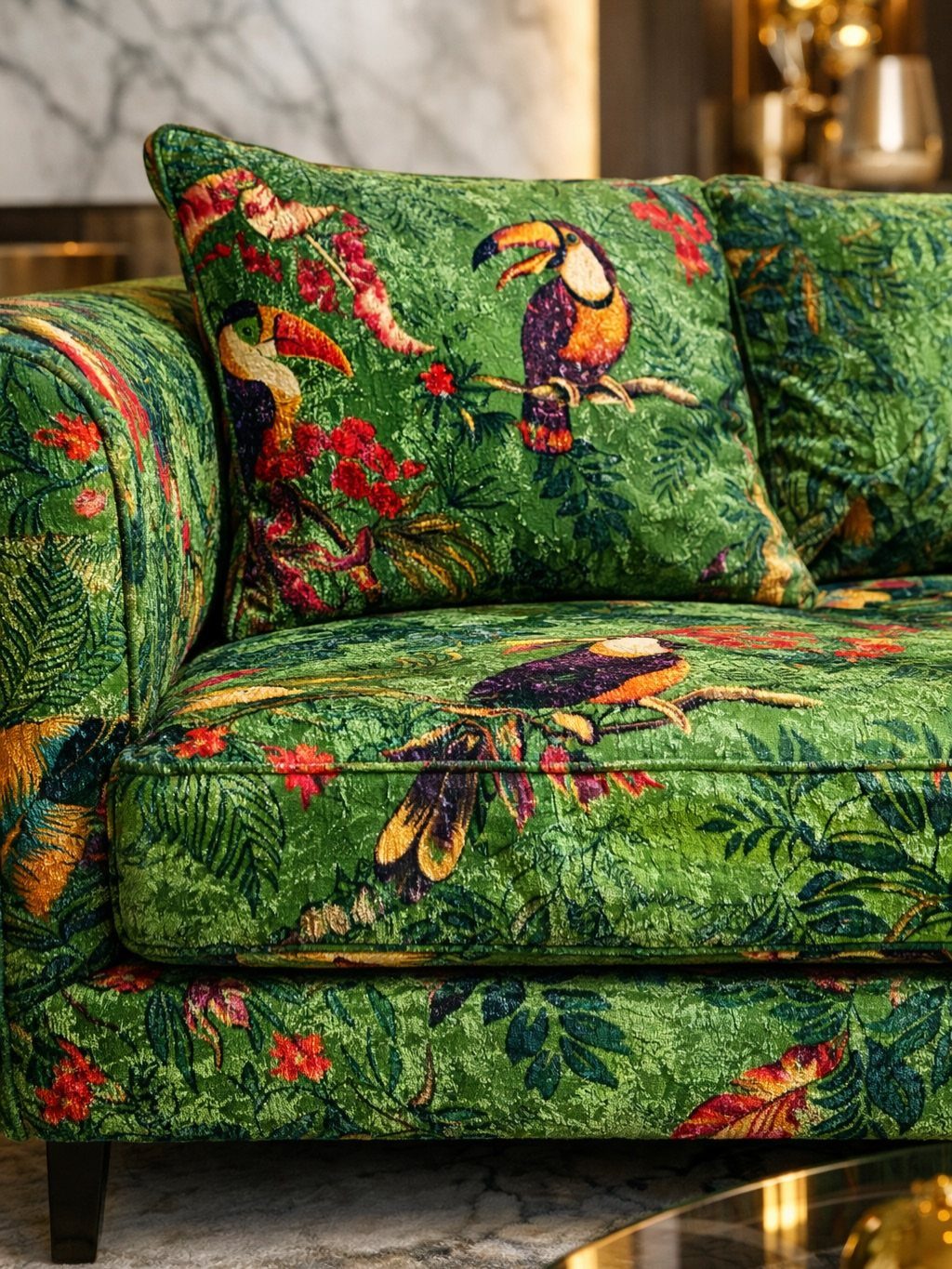Green velvet sofa and pillow with colorful toucan and tropical floral patterns.