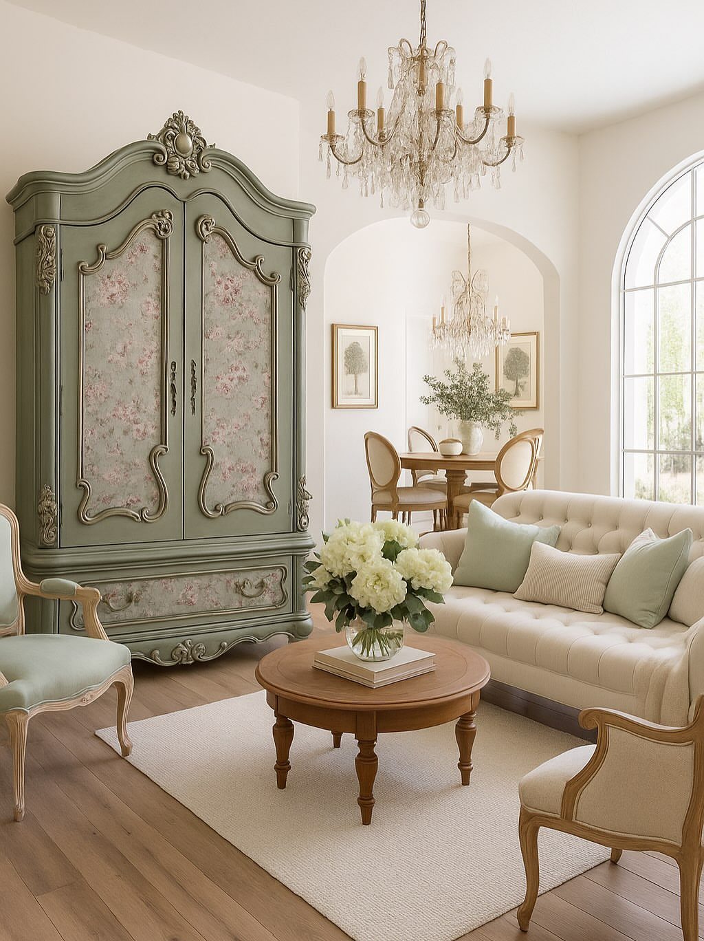 Ornate sage green armoire and cream tufted sofa in a bright European living room.
